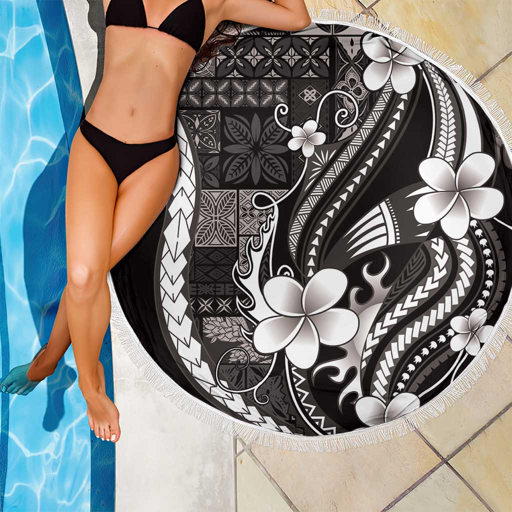 Samoa Siapo Tribal Pattern Beach Blanket Black Polynesian Plumeria Tapa Motif