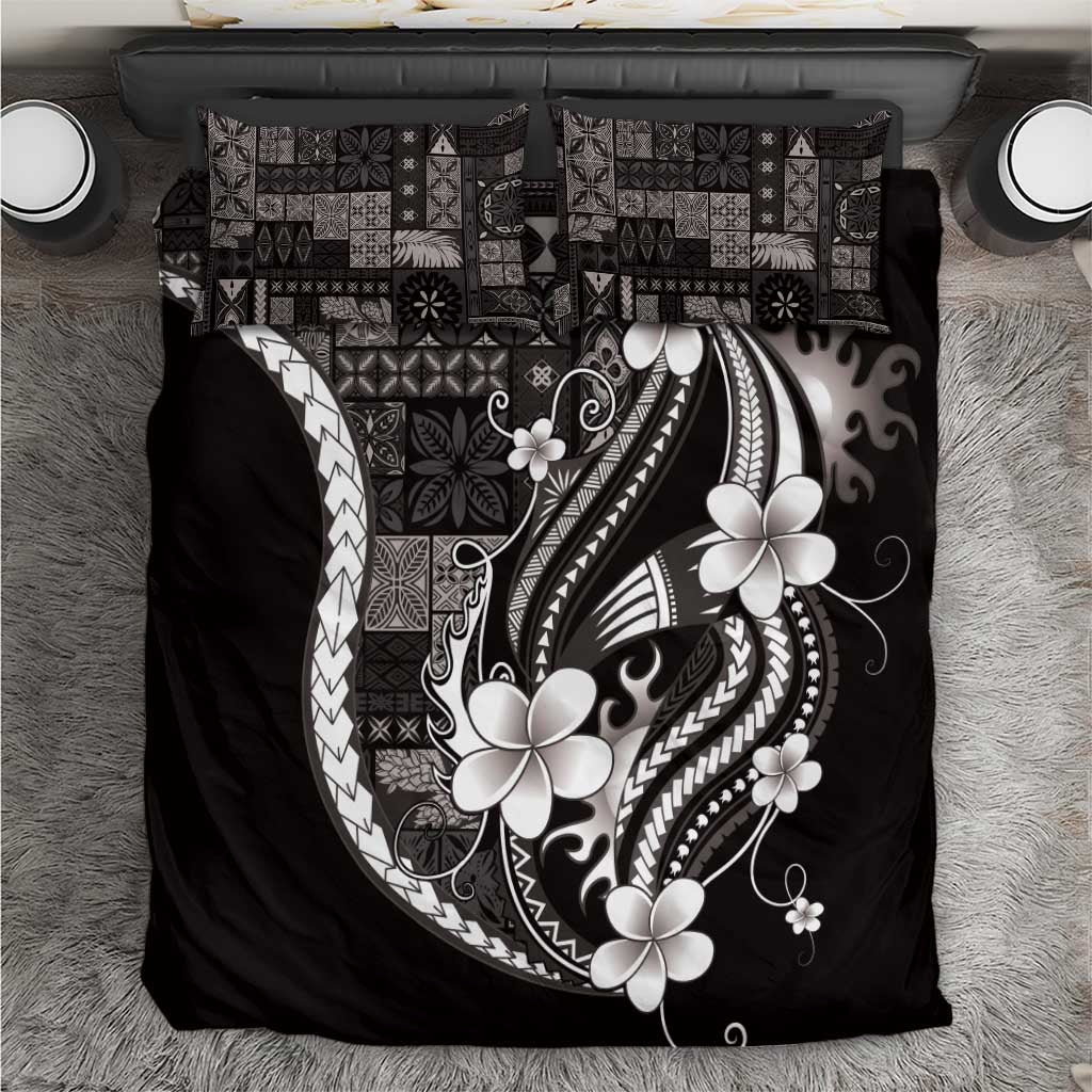 Samoa Siapo Tribal Pattern Bedding Set Black Polynesian Plumeria Tapa Motif
