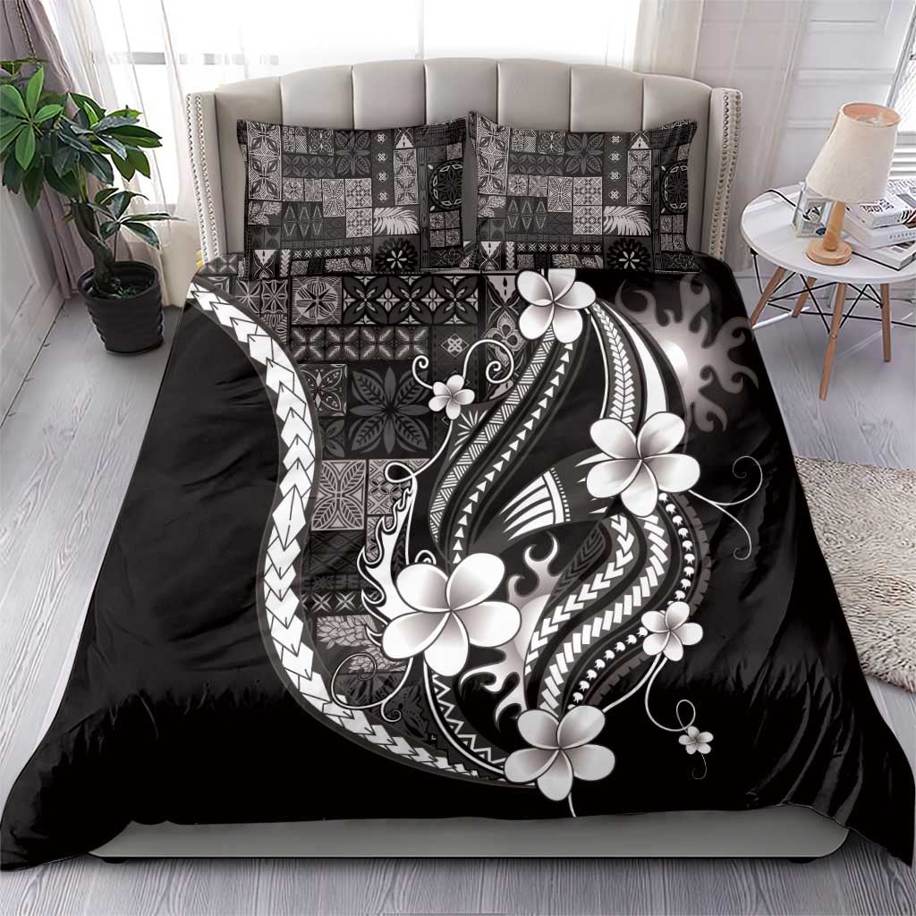 Samoa Siapo Tribal Pattern Bedding Set Black Polynesian Plumeria Tapa Motif