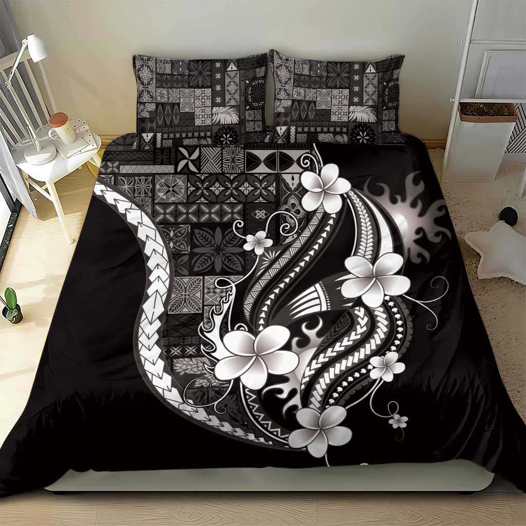 Samoa Siapo Tribal Pattern Bedding Set Black Polynesian Plumeria Tapa Motif