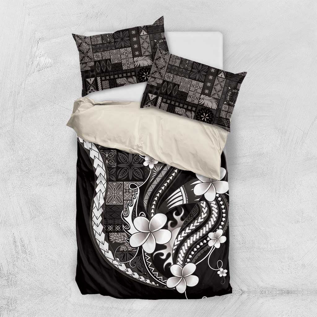Samoa Siapo Tribal Pattern Bedding Set Black Polynesian Plumeria Tapa Motif