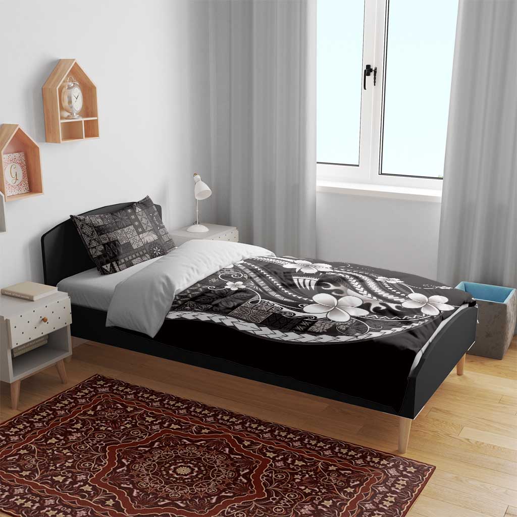Samoa Siapo Tribal Pattern Bedding Set Black Polynesian Plumeria Tapa Motif