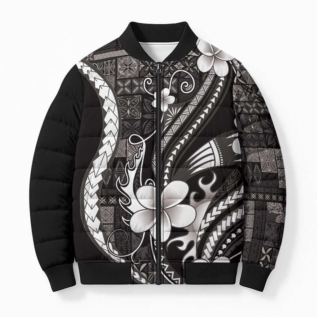 Samoa Siapo Tribal Pattern Bomber Puffer Jacket Black Polynesian Plumeria Tapa Motif