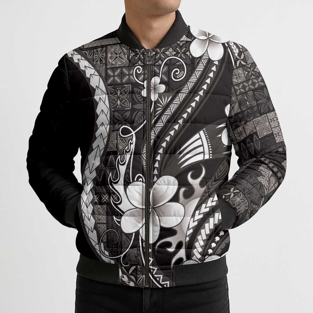 Samoa Siapo Tribal Pattern Bomber Puffer Jacket Black Polynesian Plumeria Tapa Motif