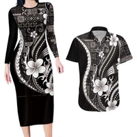 Samoa Siapo Tribal Pattern Couples Matching Long Sleeve Bodycon Dress and Hawaiian Shirt Black Polynesian Plumeria Tapa Motif LT9 Black - Polynesian Pride