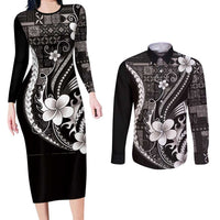 Samoa Siapo Tribal Pattern Couples Matching Long Sleeve Bodycon Dress and Long Sleeve Button Shirt Black Polynesian Plumeria Tapa Motif LT9 Black - Polynesian Pride