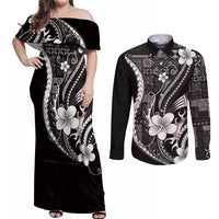 Samoa Siapo Tribal Pattern Couples Matching Off Shoulder Maxi Dress and Long Sleeve Button Shirt Black Polynesian Plumeria Tapa Motif LT9 Black - Polynesian Pride