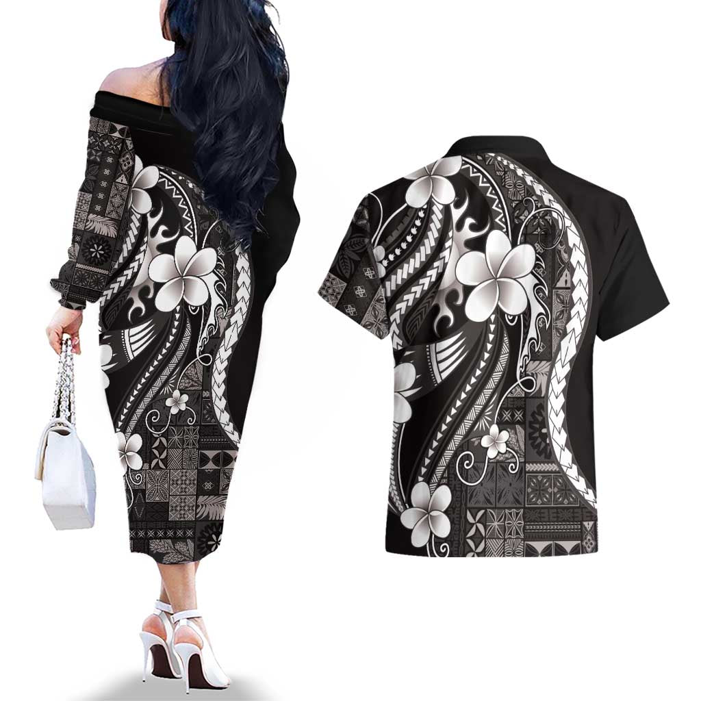 Samoa Siapo Tribal Pattern Couples Matching Off The Shoulder Long Sleeve Dress and Hawaiian Shirt Black Polynesian Plumeria Tapa Motif LT9 - Polynesian Pride
