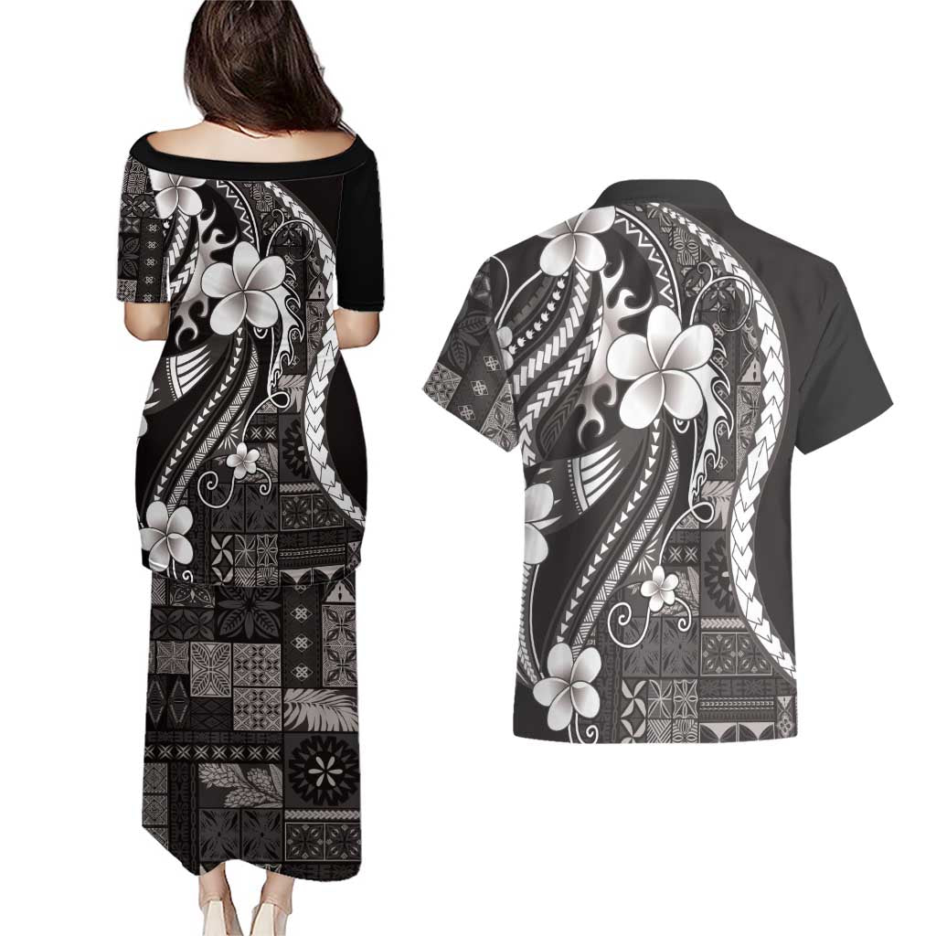 Samoa Siapo Tribal Pattern Couples Matching Puletasi and Hawaiian Shirt Black Polynesian Plumeria Tapa Motif LT9 - Polynesian Pride