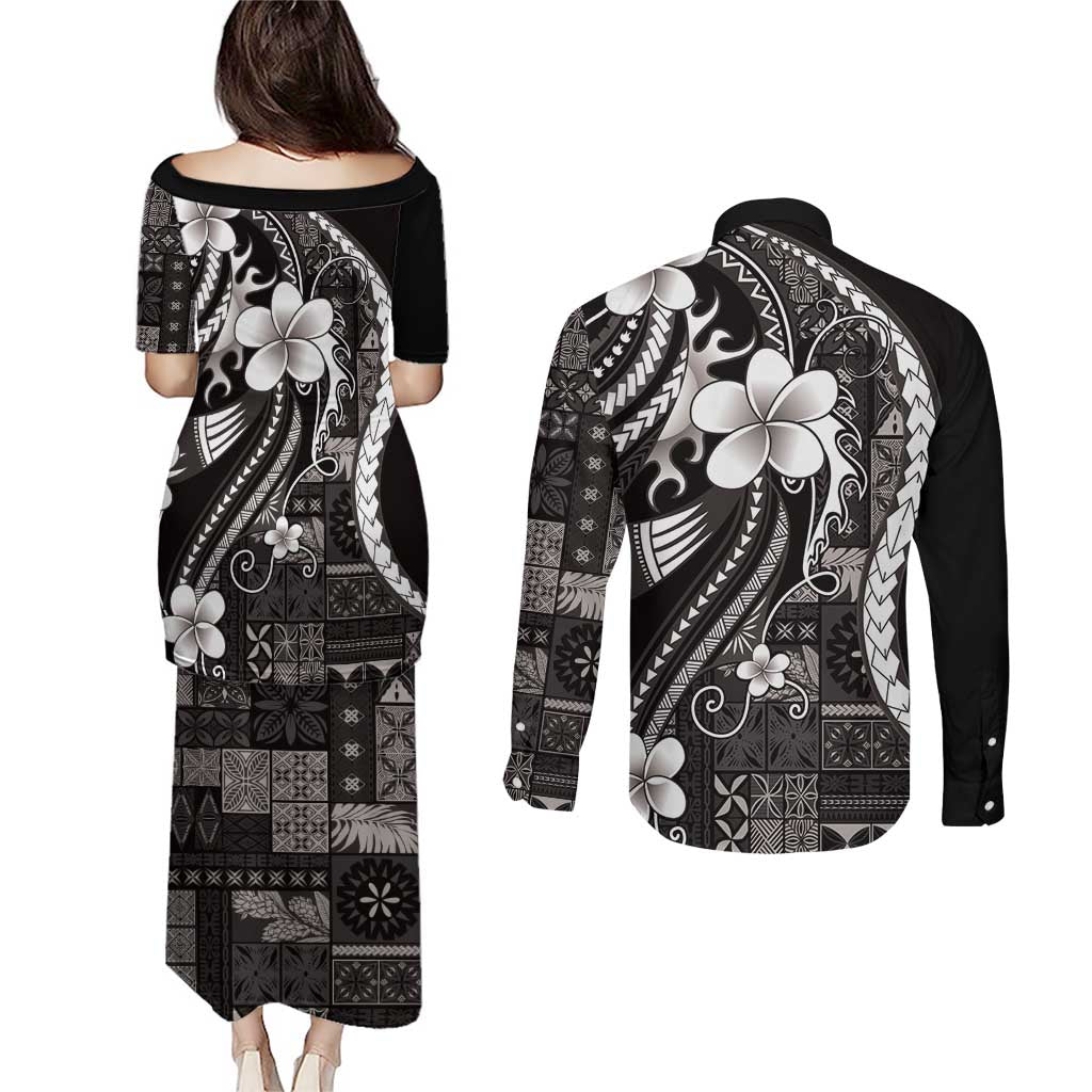 Samoa Siapo Tribal Pattern Couples Matching Puletasi and Long Sleeve Button Shirt Black Polynesian Plumeria Tapa Motif