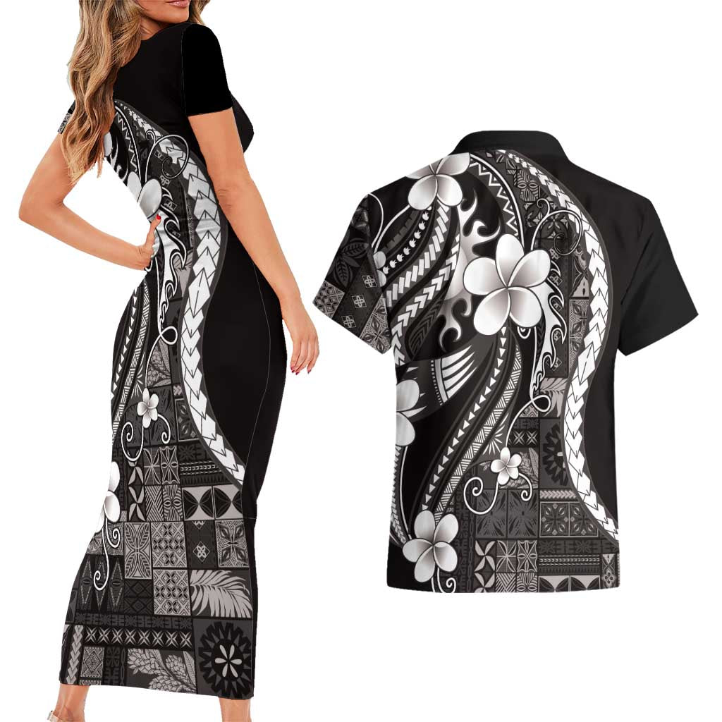Samoa Siapo Tribal Pattern Couples Matching Short Sleeve Bodycon Dress and Hawaiian Shirt Black Polynesian Plumeria Tapa Motif LT9 - Polynesian Pride