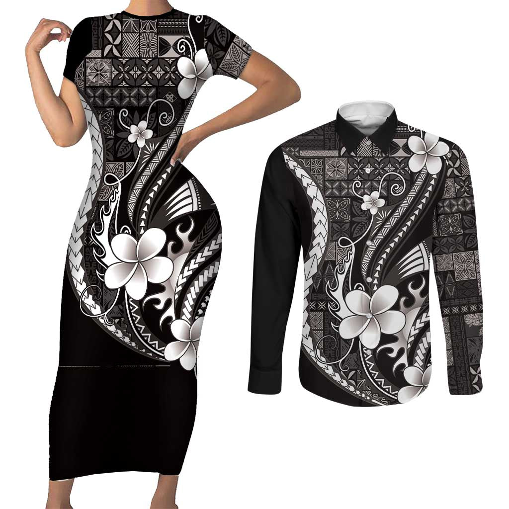 Samoa Siapo Tribal Pattern Couples Matching Short Sleeve Bodycon Dress and Long Sleeve Button Shirt Black Polynesian Plumeria Tapa Motif LT9 Black - Polynesian Pride