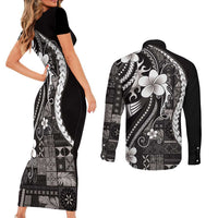Samoa Siapo Tribal Pattern Couples Matching Short Sleeve Bodycon Dress and Long Sleeve Button Shirt Black Polynesian Plumeria Tapa Motif LT9 - Polynesian Pride