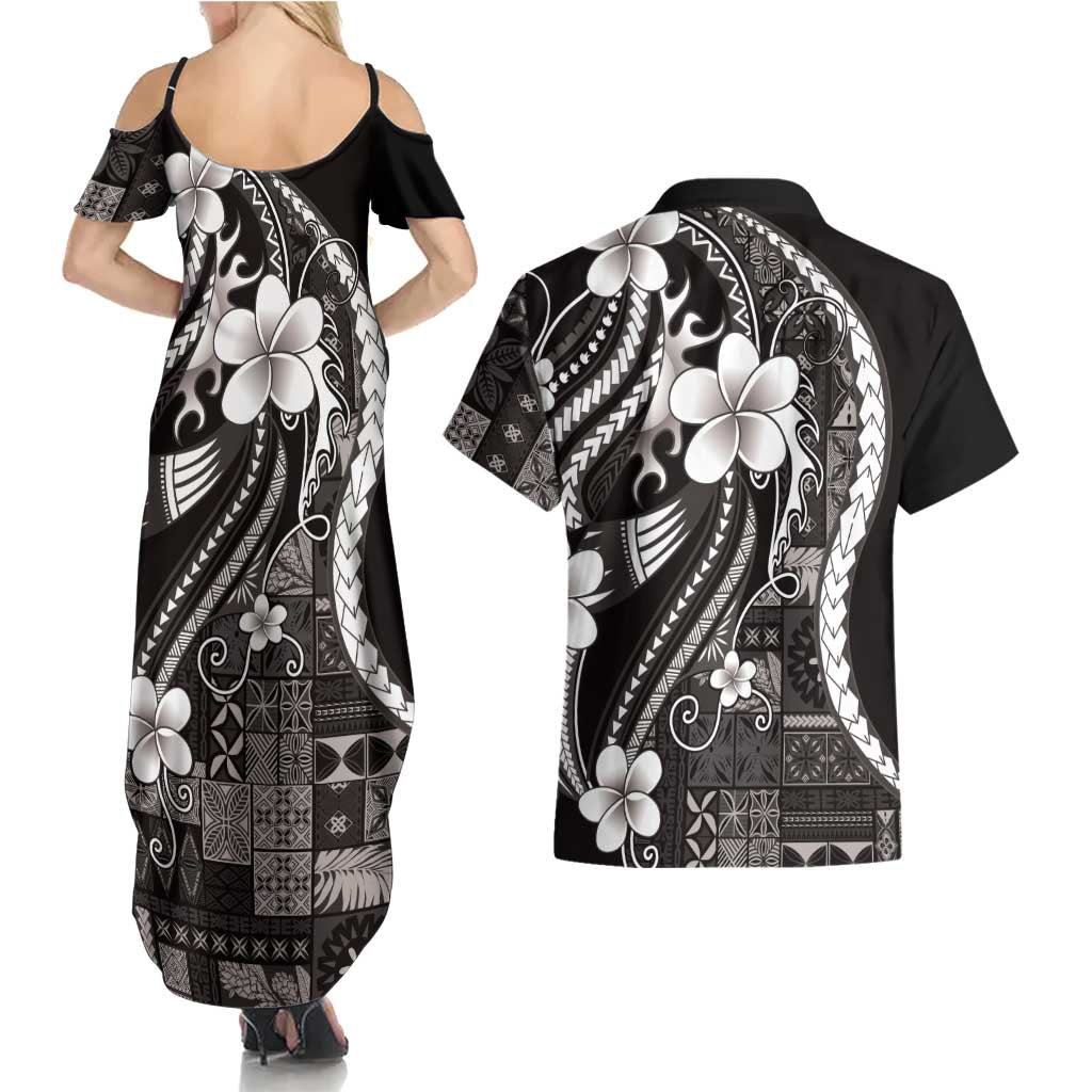 Samoa Siapo Tribal Pattern Couples Matching Summer Maxi Dress and Hawaiian Shirt Black Polynesian Plumeria Tapa Motif LT9 - Polynesian Pride