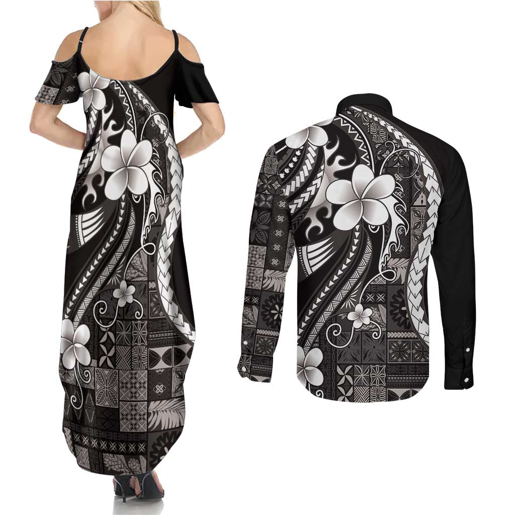 Samoa Siapo Tribal Pattern Couples Matching Summer Maxi Dress and Long Sleeve Button Shirt Black Polynesian Plumeria Tapa Motif LT9 - Polynesian Pride