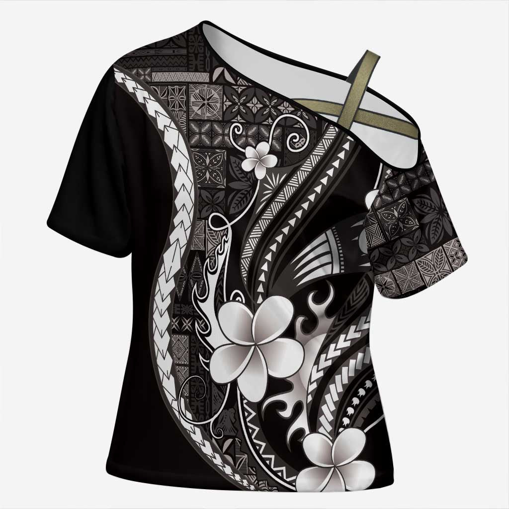 Samoa Siapo Tribal Pattern Cross Shoulder Shirt Black Polynesian Plumeria Tapa Motif