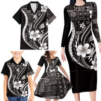 Samoa Siapo Tribal Pattern Family Matching Long Sleeve Bodycon Dress and Hawaiian Shirt Black Polynesian Plumeria Tapa Motif LT9 - Polynesian Pride