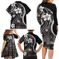 Samoa Siapo Tribal Pattern Family Matching Long Sleeve Bodycon Dress and Hawaiian Shirt Black Polynesian Plumeria Tapa Motif LT9 - Polynesian Pride