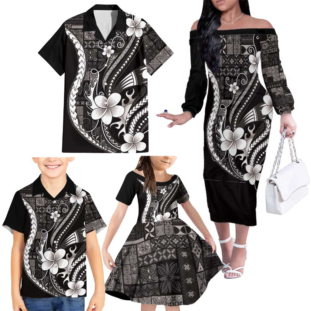 Samoa Siapo Tribal Pattern Family Matching Off The Shoulder Long Sleeve Dress and Hawaiian Shirt Black Polynesian Plumeria Tapa Motif