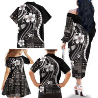 Samoa Siapo Tribal Pattern Family Matching Off The Shoulder Long Sleeve Dress and Hawaiian Shirt Black Polynesian Plumeria Tapa Motif LT9 - Polynesian Pride