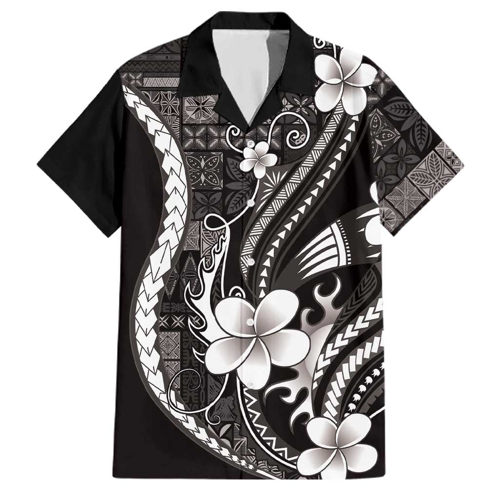 Samoa Siapo Tribal Pattern Family Matching Off The Shoulder Long Sleeve Dress and Hawaiian Shirt Black Polynesian Plumeria Tapa Motif LT9 Dad's Shirt - Short Sleeve Black - Polynesian Pride