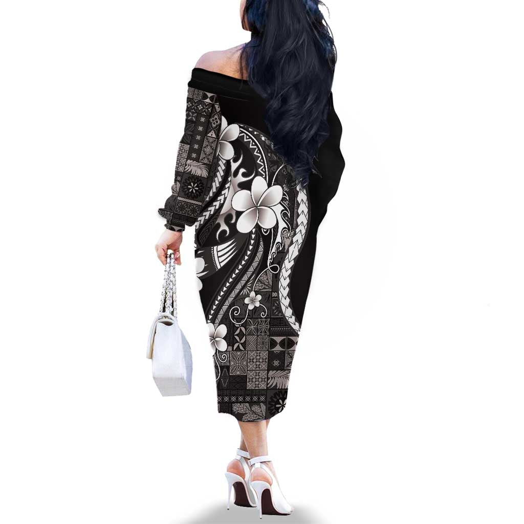 Samoa Siapo Tribal Pattern Family Matching Off The Shoulder Long Sleeve Dress and Hawaiian Shirt Black Polynesian Plumeria Tapa Motif LT9 - Polynesian Pride