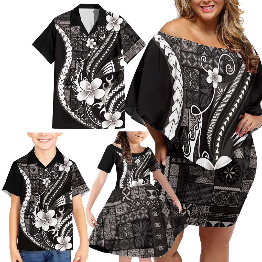 Samoa Siapo Tribal Pattern Family Matching Off Shoulder Short Dress and Hawaiian Shirt Black Polynesian Plumeria Tapa Motif