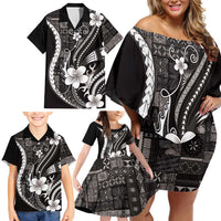 Samoa Siapo Tribal Pattern Family Matching Off Shoulder Short Dress and Hawaiian Shirt Black Polynesian Plumeria Tapa Motif
