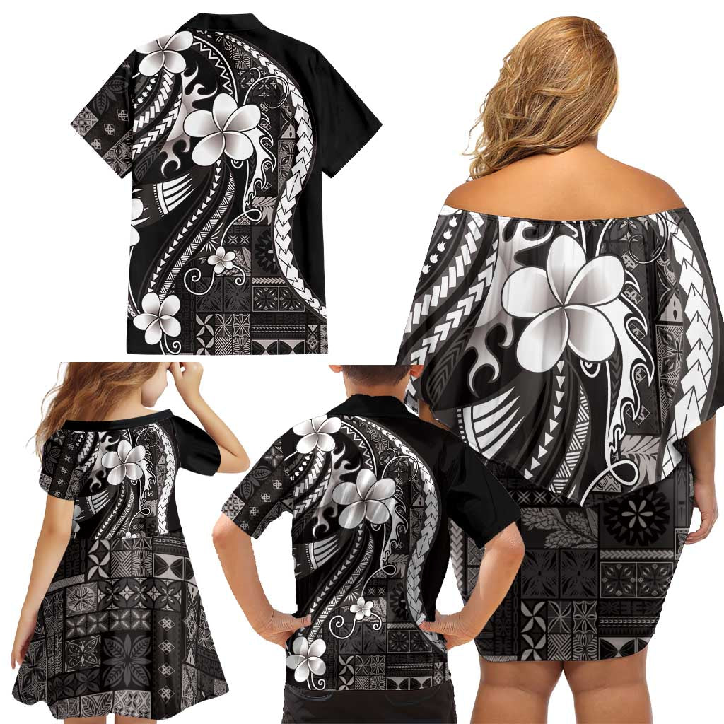 Samoa Siapo Tribal Pattern Family Matching Off Shoulder Short Dress and Hawaiian Shirt Black Polynesian Plumeria Tapa Motif