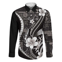 Samoa Siapo Tribal Pattern Family Matching Off Shoulder Short Dress and Hawaiian Shirt Black Polynesian Plumeria Tapa Motif