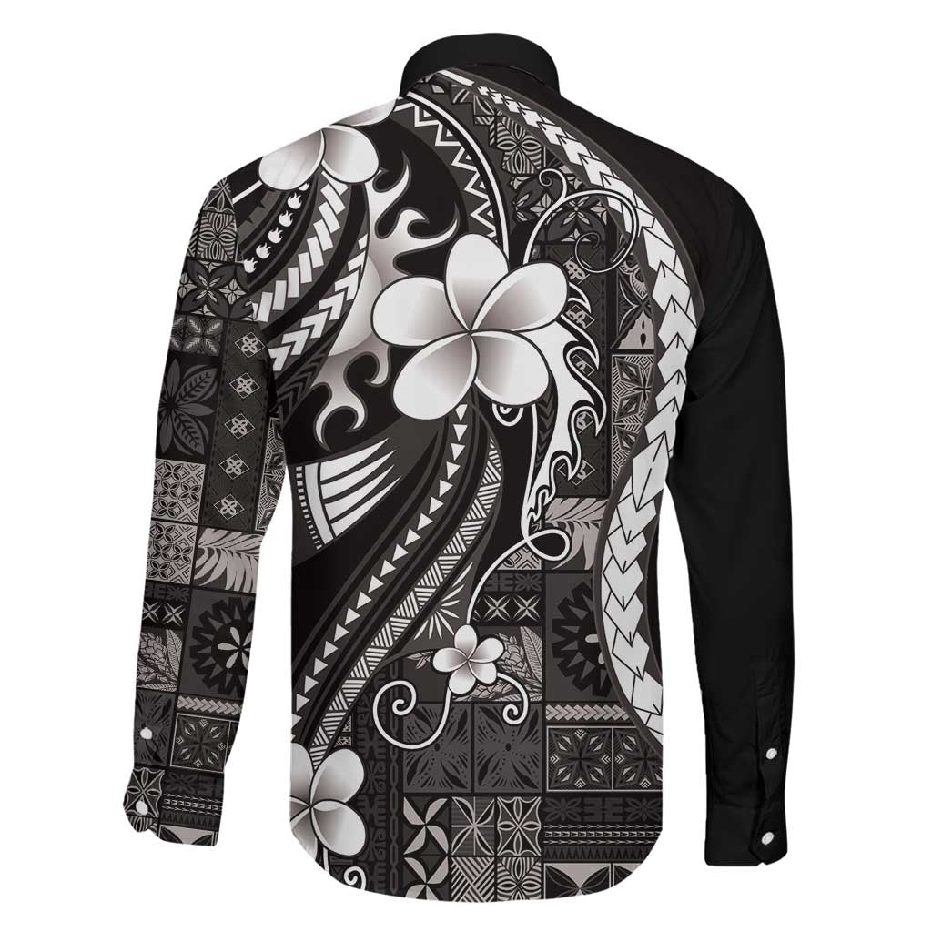 Samoa Siapo Tribal Pattern Family Matching Off Shoulder Short Dress and Hawaiian Shirt Black Polynesian Plumeria Tapa Motif