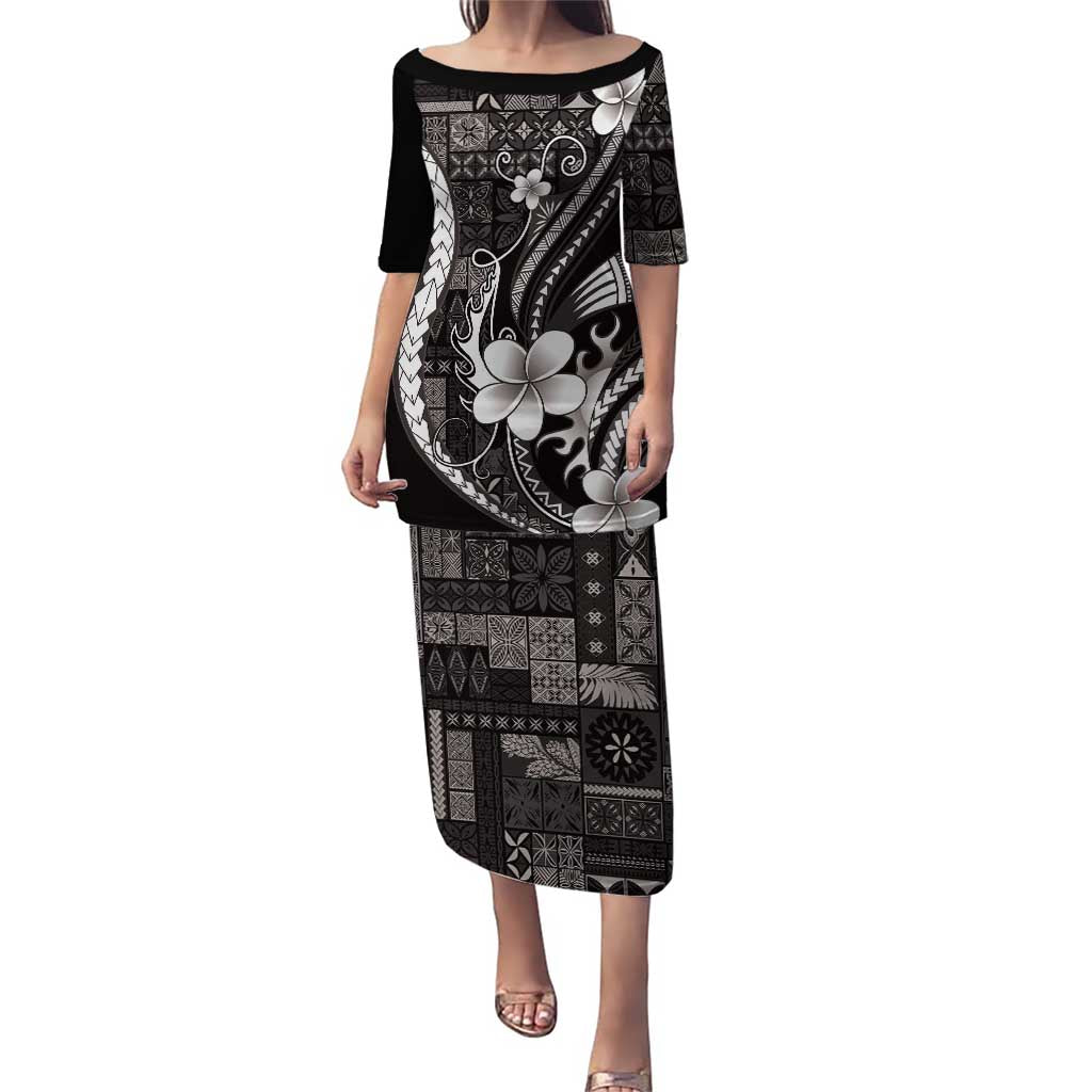 Samoa Siapo Tribal Pattern Family Matching Puletasi and Hawaiian Shirt Black Polynesian Plumeria Tapa Motif LT9 Mom's Dress Black - Polynesian Pride