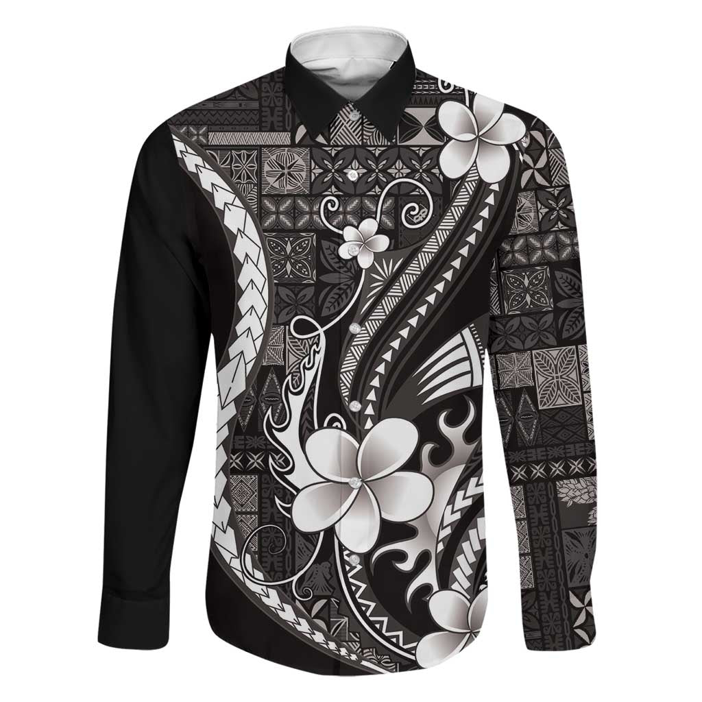 Samoa Siapo Tribal Pattern Family Matching Short Sleeve Bodycon Dress and Hawaiian Shirt Black Polynesian Plumeria Tapa Motif LT9 Dad's Shirt - Long Sleeve Black - Polynesian Pride