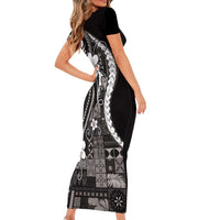 Samoa Siapo Tribal Pattern Family Matching Short Sleeve Bodycon Dress and Hawaiian Shirt Black Polynesian Plumeria Tapa Motif LT9 - Polynesian Pride