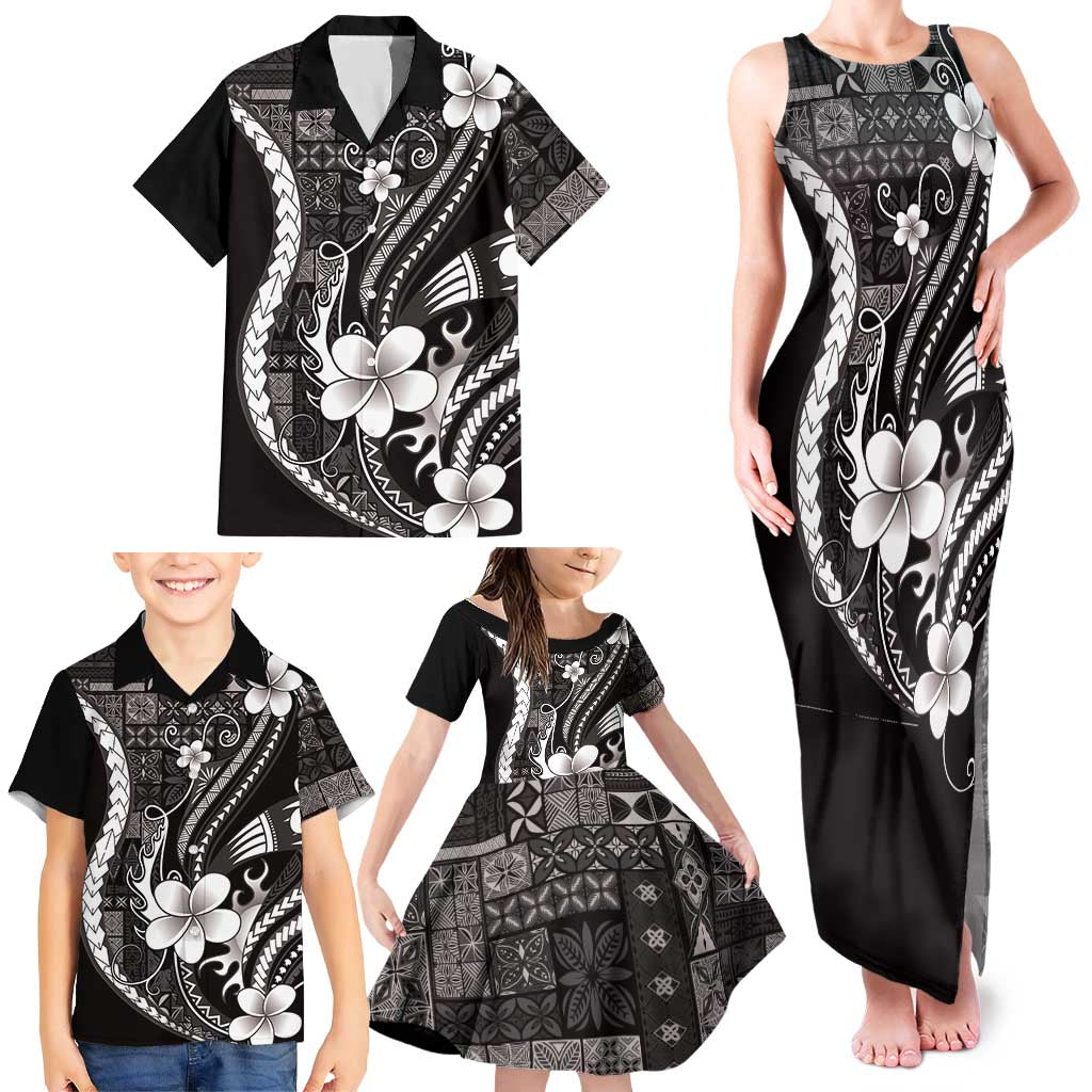 Samoa Siapo Tribal Pattern Family Matching Tank Maxi Dress and Hawaiian Shirt Black Polynesian Plumeria Tapa Motif