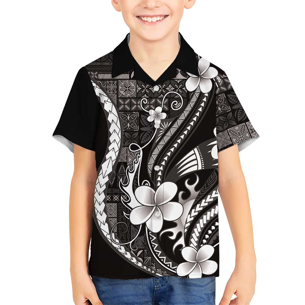 Samoa Siapo Tribal Pattern Kid Hawaiian Shirt Black Polynesian Plumeria Tapa Motif