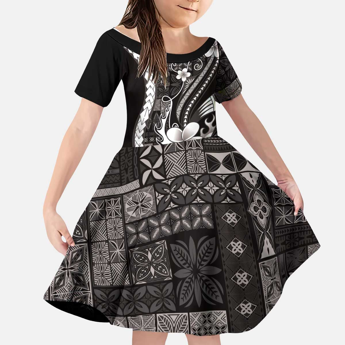 Samoa Siapo Tribal Pattern Kid Short Sleeve Dress Black Polynesian Plumeria Tapa Motif LT9 KID Black - Polynesian Pride