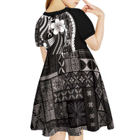 Samoa Siapo Tribal Pattern Kid Short Sleeve Dress Black Polynesian Plumeria Tapa Motif LT9 - Polynesian Pride