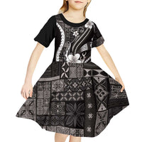 Samoa Siapo Tribal Pattern Kid Short Sleeve Dress Black Polynesian Plumeria Tapa Motif LT9 - Polynesian Pride