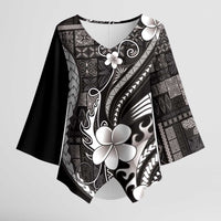 Samoa Siapo Tribal Pattern Kimono Sleeve Blouse Black Polynesian Plumeria Tapa Motif