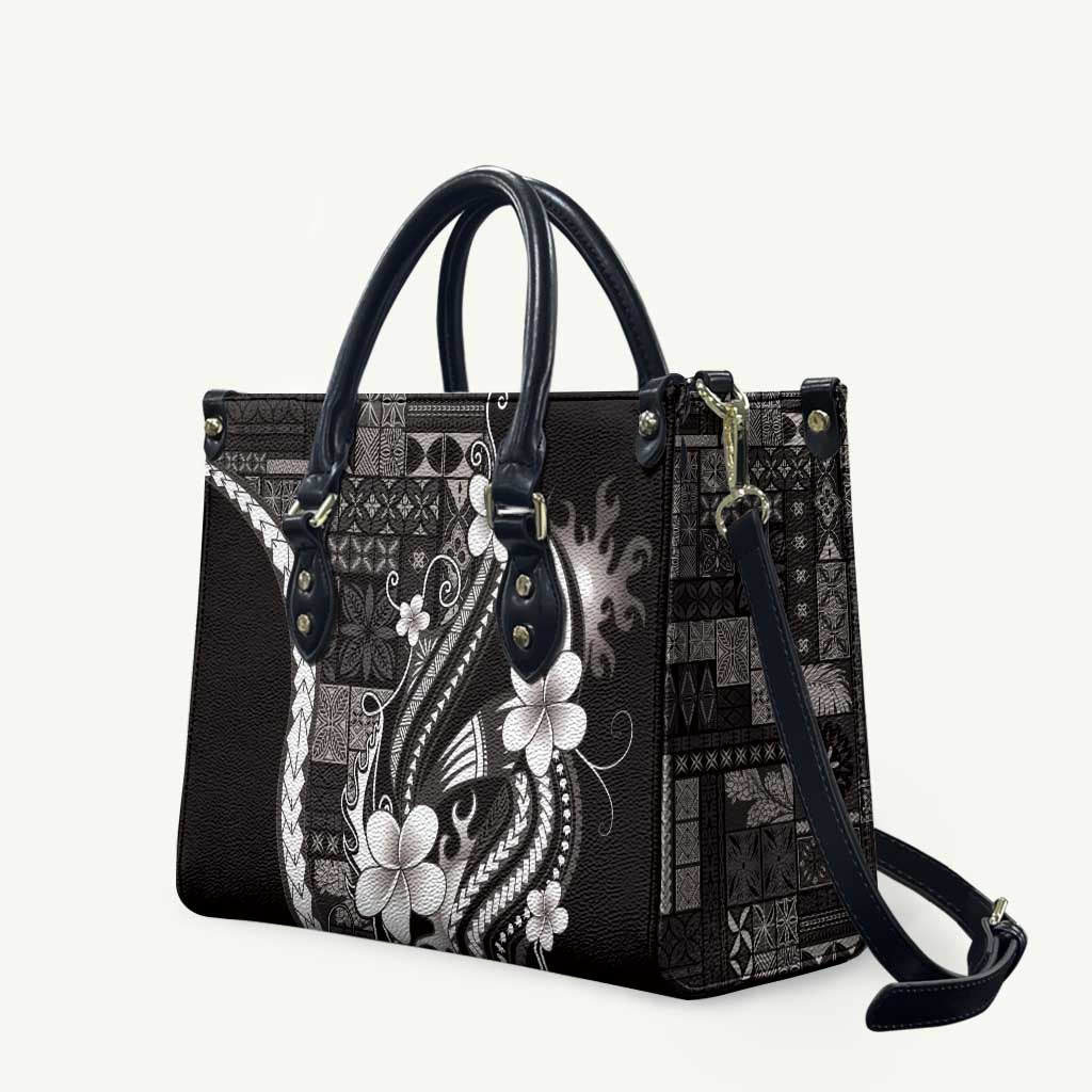Samoa Siapo Tribal Pattern Leather Bag Black Polynesian Plumeria Tapa Motif