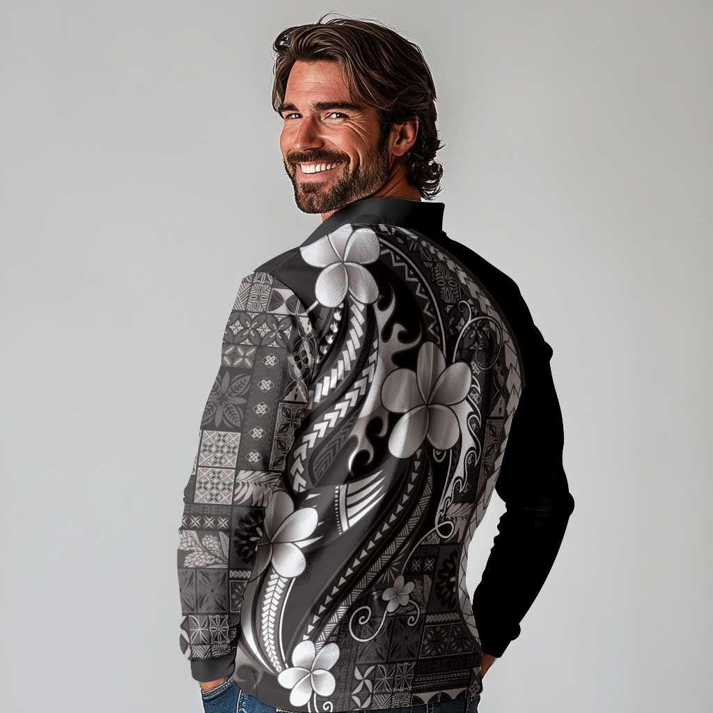 Samoa Siapo Tribal Pattern Long Sleeve Polo Shirt Black Polynesian Plumeria Tapa Motif