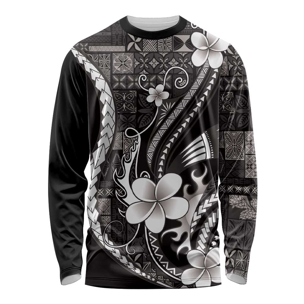 Samoa Siapo Tribal Pattern Long Sleeve Shirt Black Polynesian Plumeria Tapa Motif