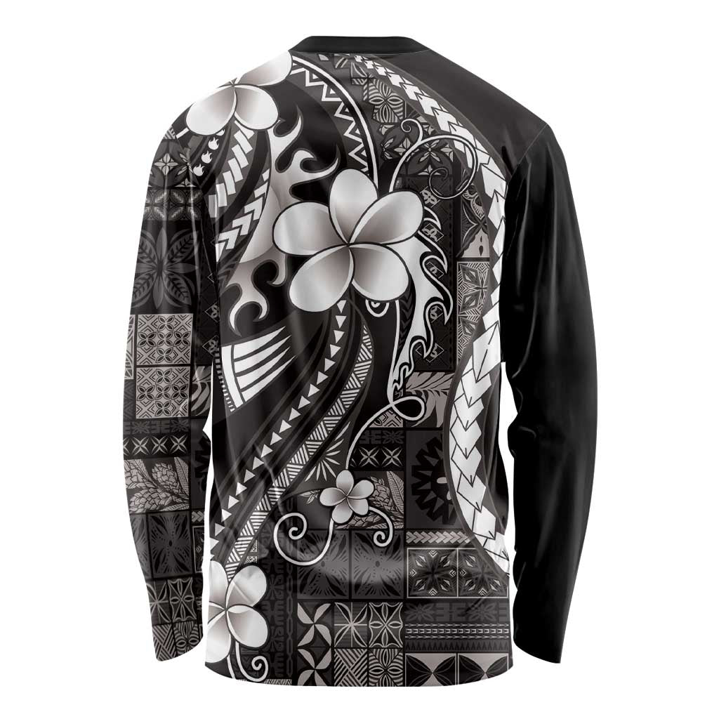 Samoa Siapo Tribal Pattern Long Sleeve Shirt Black Polynesian Plumeria Tapa Motif
