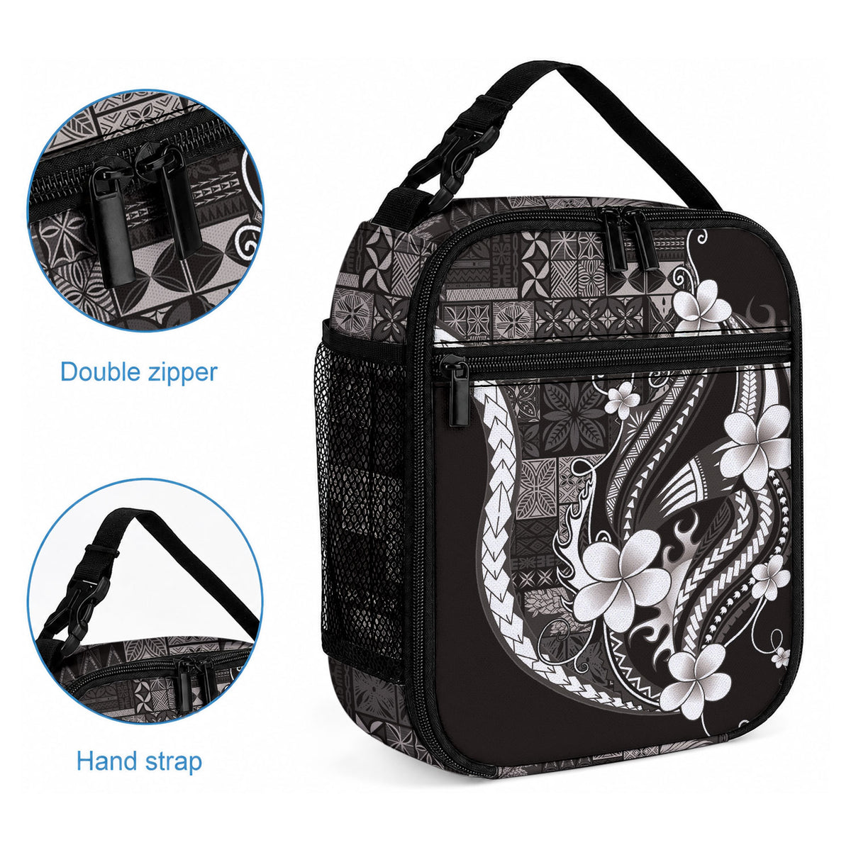 Samoa Siapo Tribal Pattern Lunch Bag Black Polynesian Plumeria Tapa Motif LT9 - Polynesian Pride