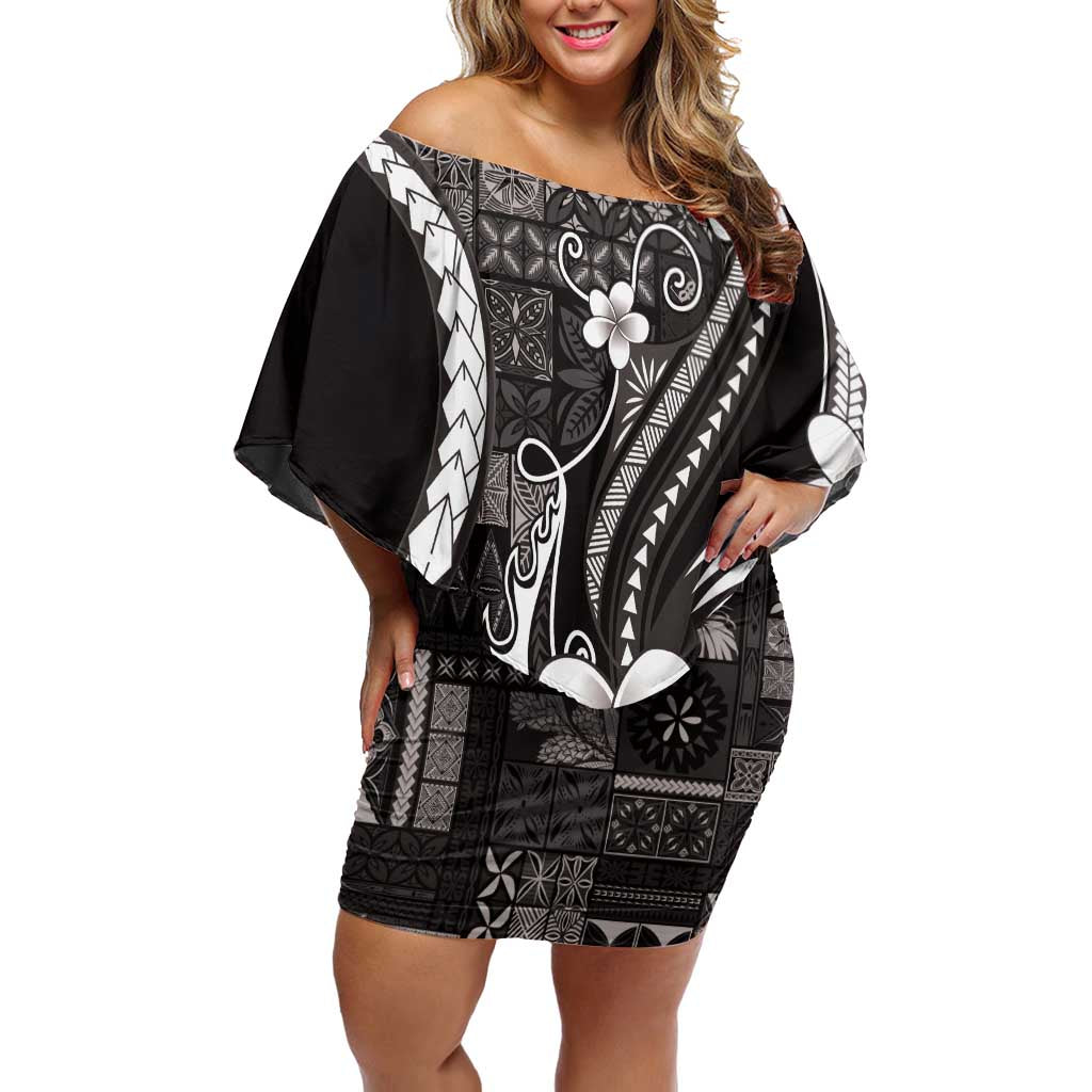 Samoa Siapo Tribal Pattern Off Shoulder Short Dress Black Polynesian Plumeria Tapa Motif