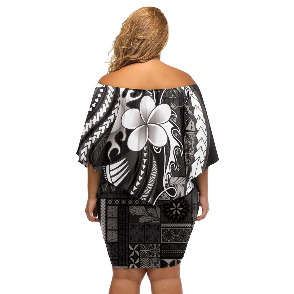 Samoa Siapo Tribal Pattern Off Shoulder Short Dress Black Polynesian Plumeria Tapa Motif