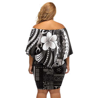 Samoa Siapo Tribal Pattern Off Shoulder Short Dress Black Polynesian Plumeria Tapa Motif