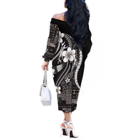 Samoa Siapo Tribal Pattern Off The Shoulder Long Sleeve Dress Black Polynesian Plumeria Tapa Motif