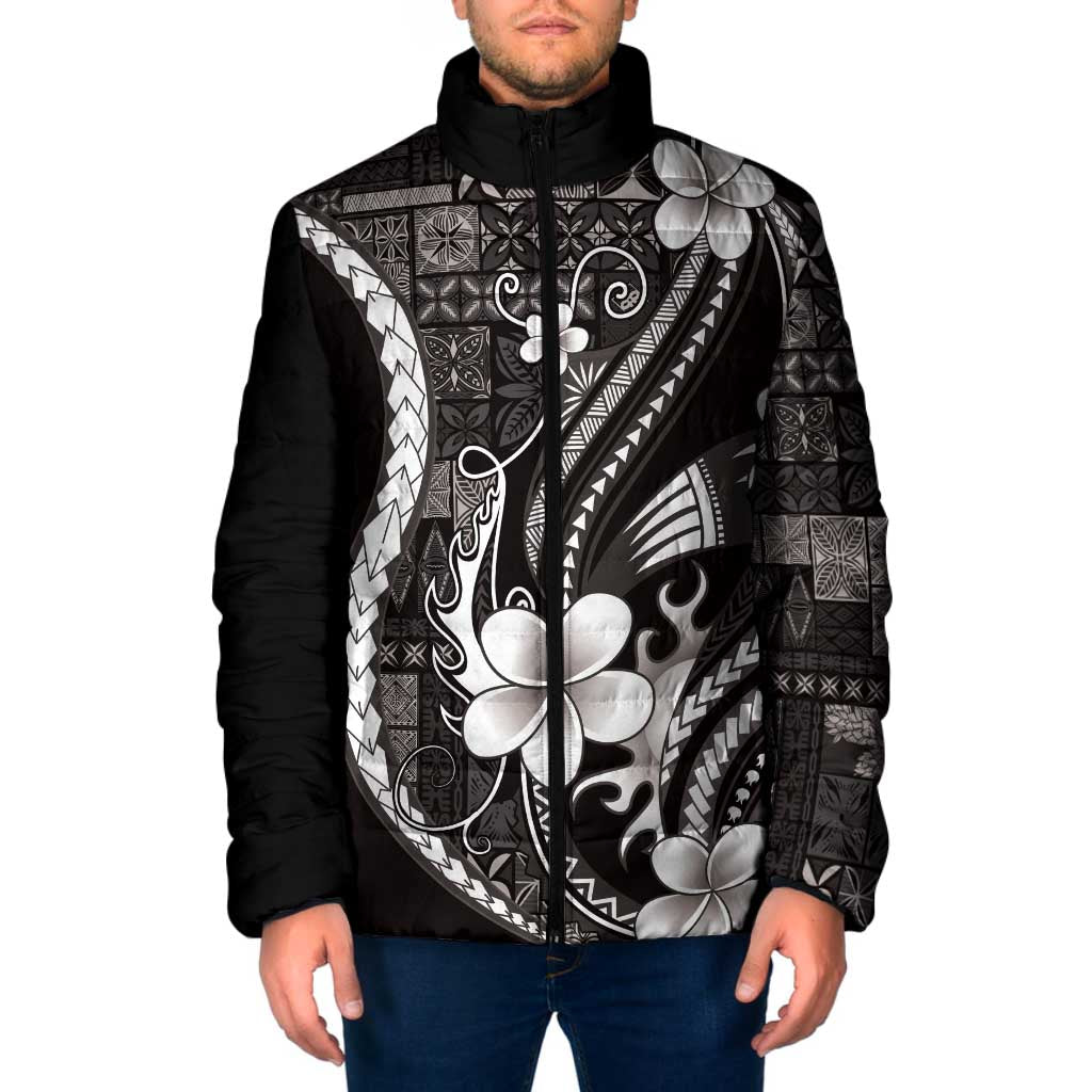 Samoa Siapo Tribal Pattern Padded Jacket Black Polynesian Plumeria Tapa Motif